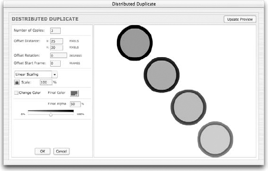 Settings and preview for the Distributed Duplicate Timeline effect
