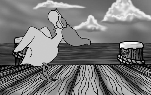 The opening pier scene from the Weber cartoon has a feeling of depth created by using increasing levels of blur on the background layers.
