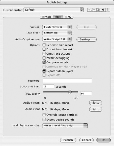 The Flash tab of the Publish Settings dialog box has several options to control audio quality.