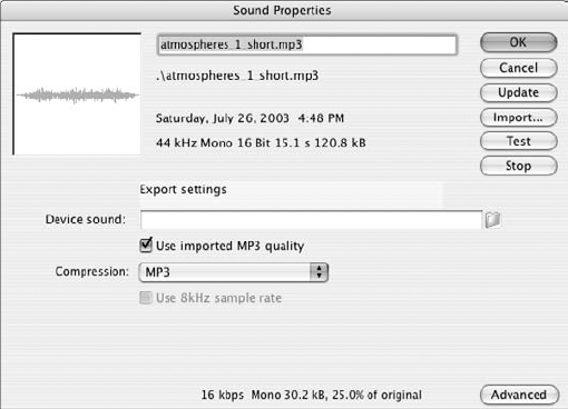 The Sound Properties dialog box enables you to control the compression settings and to precisely balance all other related settings for each individual sound in the Library.