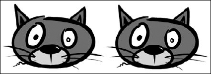 A vector image drawn in Flash (left) and the same image imported as a bitmapped GIF graphic (right)