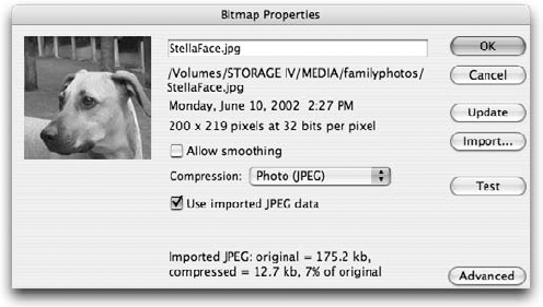 The Bitmap Properties dialog box controls the compression settings applied to bitmaps imported into Flash.
