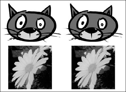 Top: A GIF image imported to Flash using PNG/GIF (Lossless) compression (left) and imported with forced JPEG (Lossy) compression (right). Bottom: A JPEG image imported to Flash using JPEG (Lossy) compression (left) and imported with forced PNG/GIF (Lossless) compression (right).