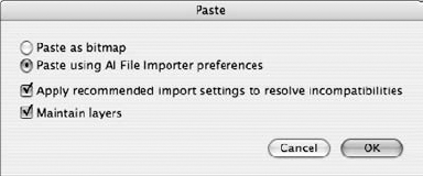 The new Paste options dialog box for Illustrator artwork enables you to select how graphics will be converted when they are pasted into a Flash document.