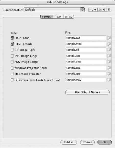 The Formats tab of the Publish Settings dialog box enables you to select the published file formats and use default or custom names for these published files.