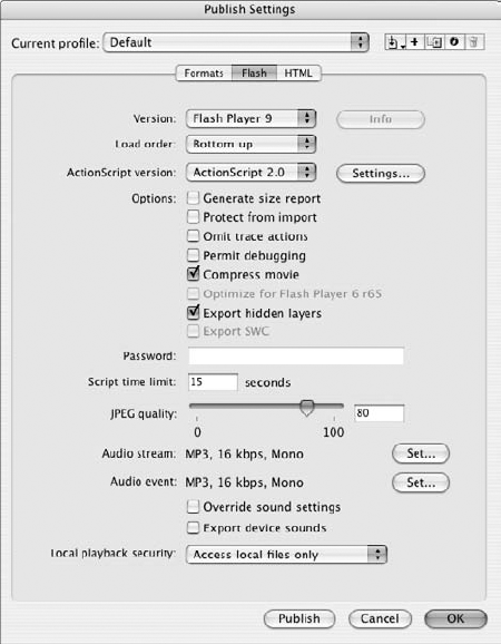 The Flash tab of the Publish Settings dialog box controls the settings for a movie published in the Flash format.
