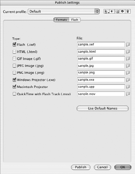 Select the projector formats in the Publish Settings dialog box.