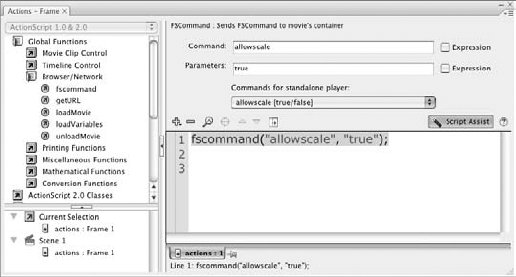 If you turn on Script Assist for an fscommand() action, you can choose from a list of commands.