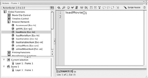 The Actions panel with a loadMovie() action in the Script pane