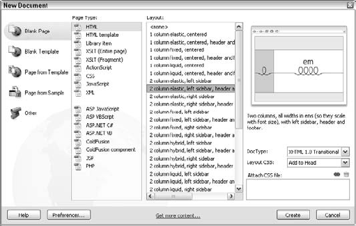 Get a jump-start on building your Web pages by choosing a page—as well as the corresponding Document Type and CSS file—from Dreamweaver's extensive collection.