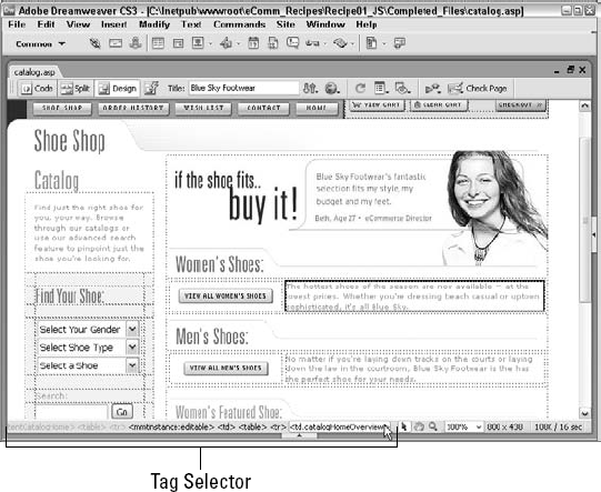 Choosing a tag in Dreamweaver's Tag Selector (in this case a table cell) is a quick and easy way to highlight a particular section of your Web page.