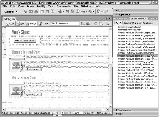 Quickly identify the page elements affected by a server behavior by selecting the entry in the Server Behaviors panel.