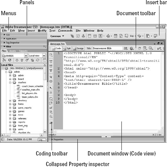 The Coder style workspace opens documents in Code view and docks panels on the left.