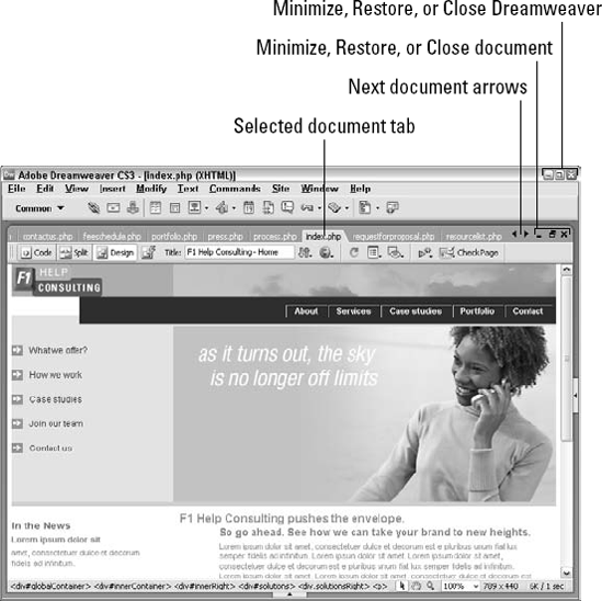 In the Dreamweaver workspace on Windows, use tabs to switch between maximized documents.