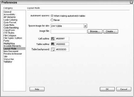 Spacers are used to maintain a table's complex layout; you can set which spacer is used on a site-by-site basis through the Layout Mode category of Preferences.