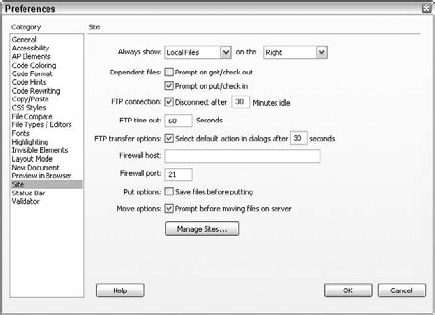 Options for Dreamweaver's Files panel are handled through the Site category.