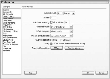 The Code Format category enables you to shape your HTML to your own specifications.