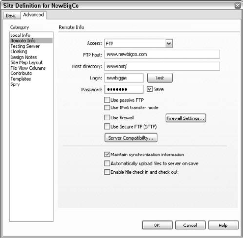 Choose whether your remote site is to be accessed via the local network or by FTP in the Remote Info category.