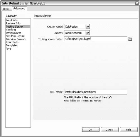 Before you can create any dynamic pages in Dreamweaver, you must choose a server model from the Testing Server category.