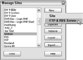 The Manage Sites dialog also manages server connections.