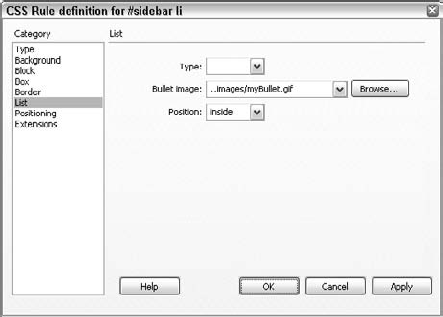 Use the CSS List category to specify a graphic to use as a bullet.