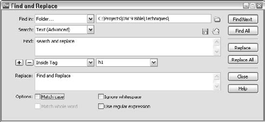 The advanced text features of Find and Replace enable you to manipulate text and code simultaneously.