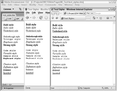 In this comparison chart, the various renderings of style tags are from Dreamweaver, Mozilla Firefox, and Internet Explorer 7.0 (from left to right, respectively).