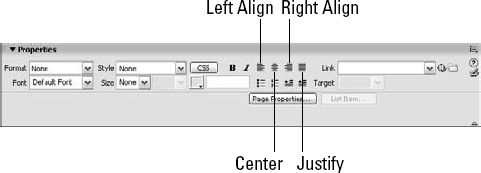 The Text Property inspector includes buttons to left align, center, right align, and justify your text.