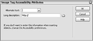 The Image Tag Accessibility Attributes dialog box appears when you select the Images option in the Accessibility Preferences.