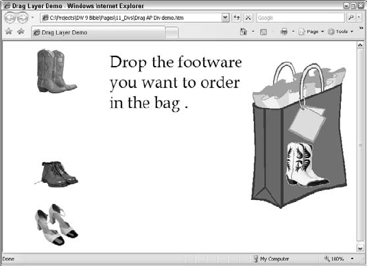 On this interactive page, visitors can drop merchandise into the shopping bag; this feature is made possible with the Drag AP Element action.