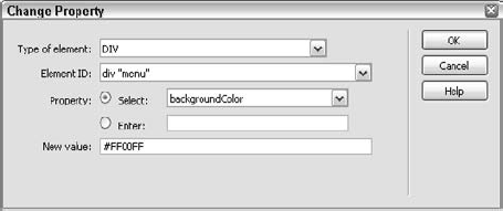 The Change Property dialog box enables you to alter attributes of certain tags dynamically.