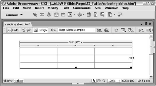 A selected table can be identified by the black border outlining the table and the three sizing handles.