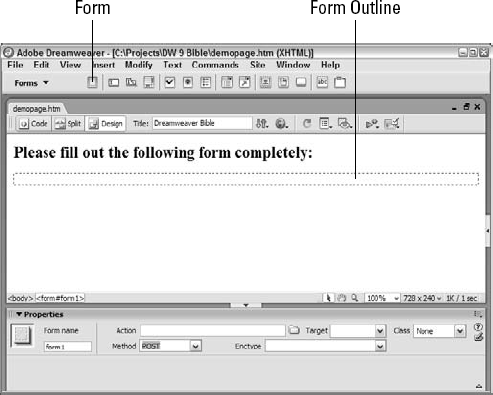 Inserting a form creates a dashed, red outline of the form and, if the Property inspector is open, displays the Form Property inspector.