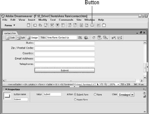 You can choose an action and a label for a button through the Button Property inspector.