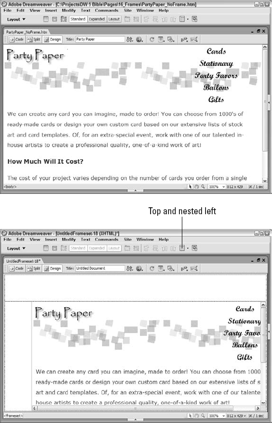 Top: Before. Bottom: After. Existing content is incorporated into a new frameset when a frame object is chosen.