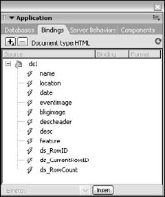 Once a connection to your Spry data set is established, the available columns appear in the Bindings panel.