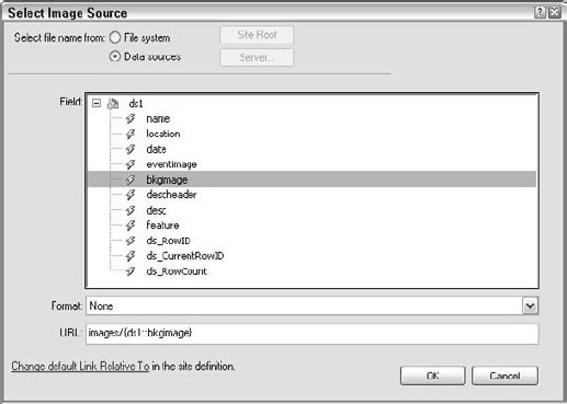 Any connected Spry data set can be accessed through the Select Image Source dialog box.