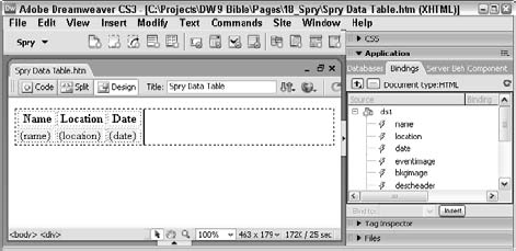 The Spry Table inserts a basic table, with a great deal of Spry power coded for you.