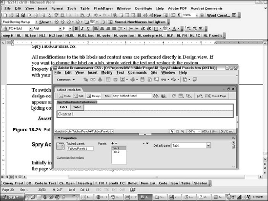 A Spry Tabbed Panel widget expands to the width of its container.