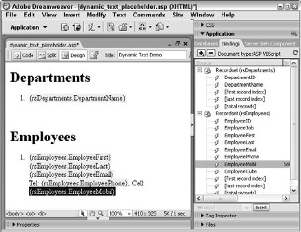 Placeholders for dynamic data are considered invisible elements in Dreamweaver and are highlighted accordingly.