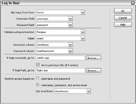 Use the Get Level From list menu in the Log In User dialog to restrict access to a page to a specific group of users. This gives you more granular control over your site.