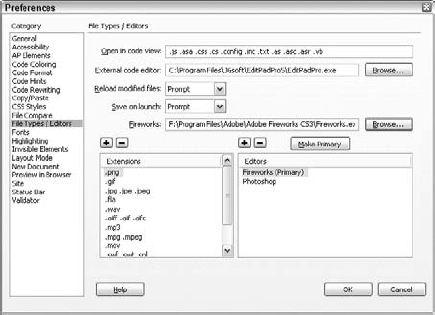 Define Fireworks as your external editor for GIF, JPEG, and PNG files to enable the back-and-forth interaction between Dreamweaver and Fireworks.