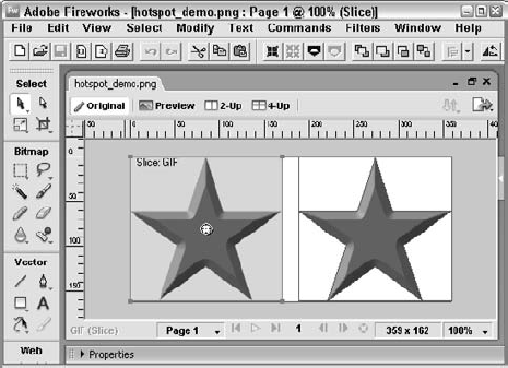 The Fireworks image on the left uses a slice object, whereas the image on the right uses a polygon hotspot.