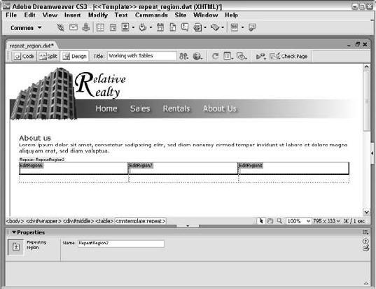 The Repeating Table object also includes editable regions for every cell in the repeating region rows.