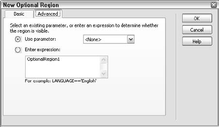 Optional regions can be controlled by the state of another parameter directly or by the evaluation of a template expression.