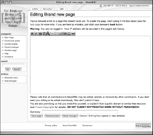 Editing the "Brand new page" page in MediaWiki