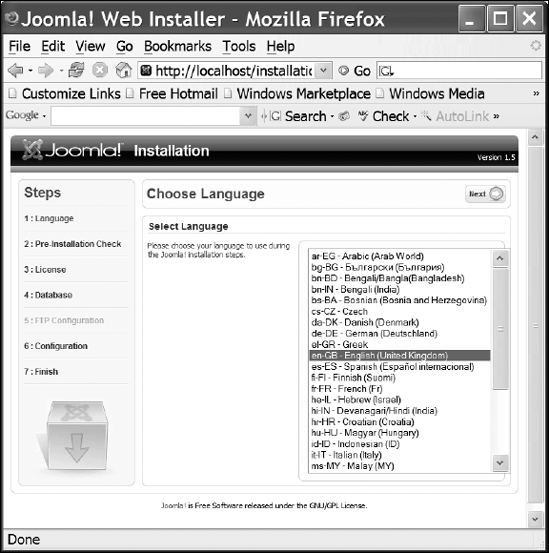 The first Joomla installation page allows configuration of the destination language.