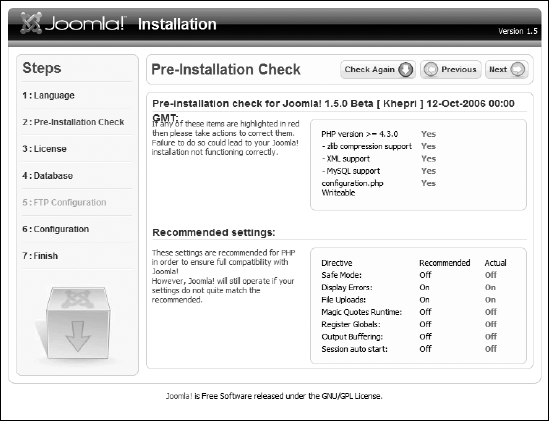 The Pre-Installation Check screen will confirm all of the necessary server functionality is working.
