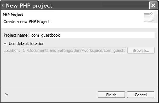 Create a new PHP Project in Eclipse, and name it com_guestbook.