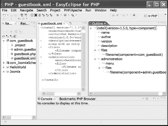 The XML schema of the file is displayed in the Outline window.